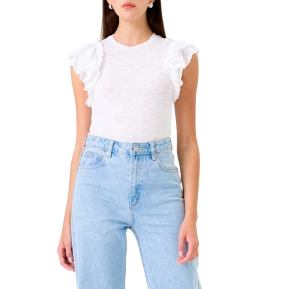 Goldie White Crew Neck Top Ruffle Sleeve T-Shirt 100% Cotton Blouse Size Large